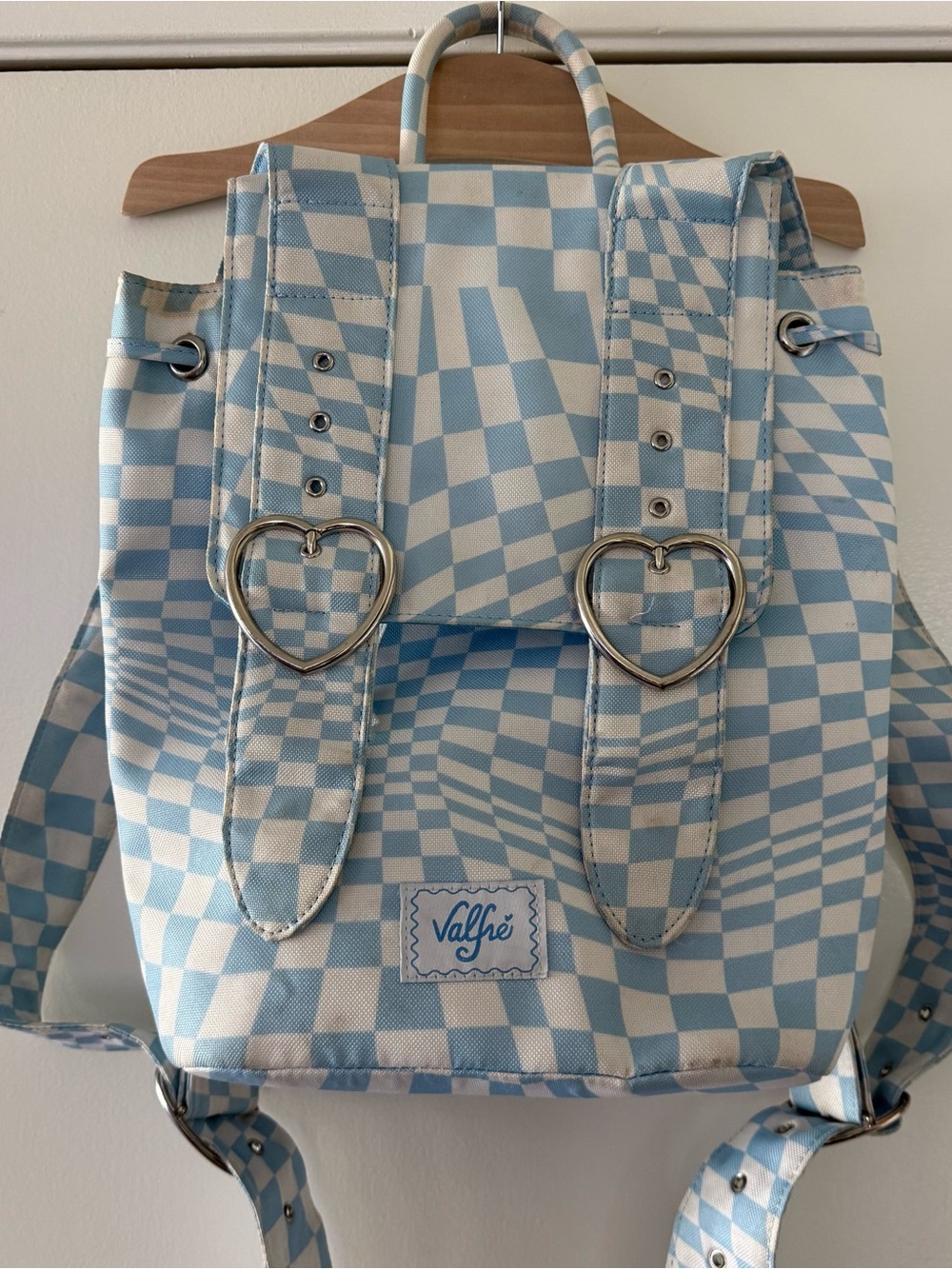 Valfre Light Blue Checker Backpack with Heart Buckles